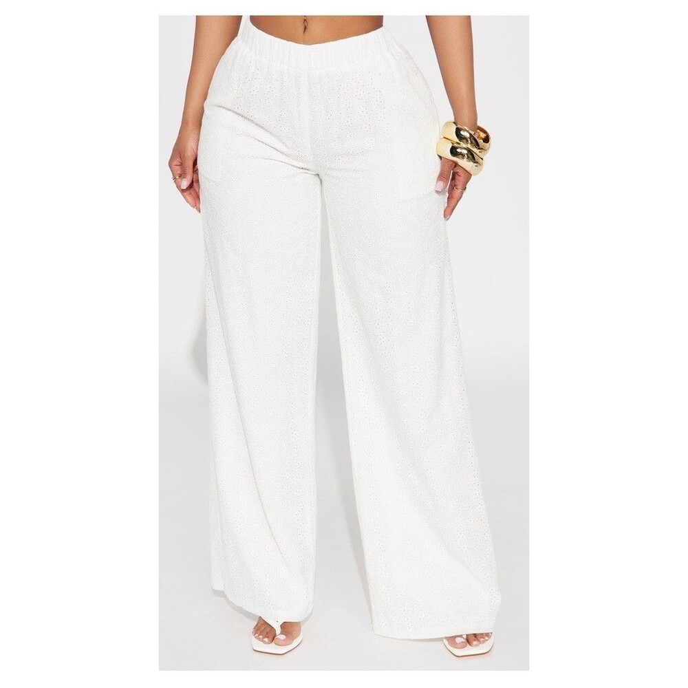Fashion Nova Emery Eyelet Wide Leg Pants White Size L NWT Women’s